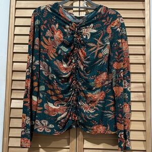 Ulla Johnson Floral Long Sleeve Top - Turquoise Orange Ruched Front Size XL